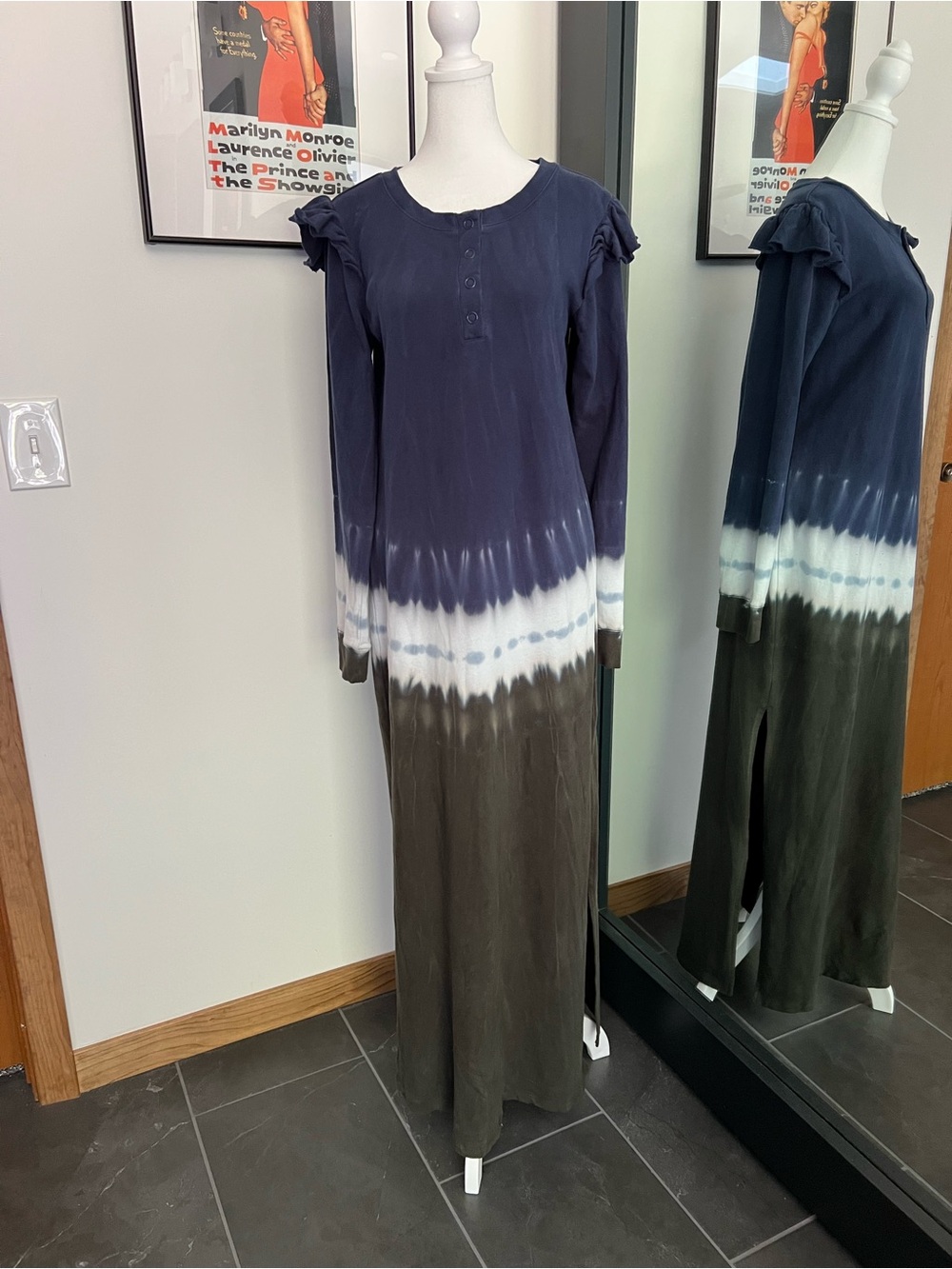 Z Supply Navy, White & Olive Tie-Dye Long Sleeve Maxi Dress 100% Cotton NWT M